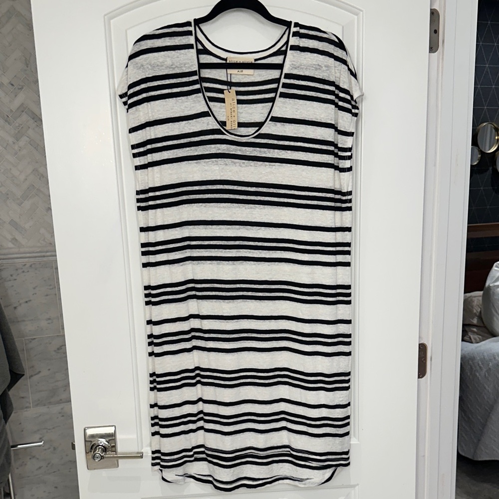 Alice + Olivia AIR Striped Linen Blend Scoop Neck T-Shirt Mini Dress Large NWT
